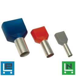 Szigetelt (PA6.6) iker-érvéghüvely 2×1mm2, l=8mm, ónoz. elektr.réz, piros